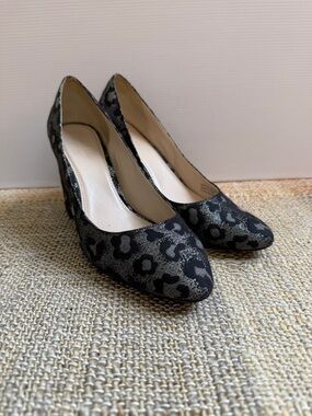 Cole Haan Black and Gray Leopard-Print Pointed Toe Heels